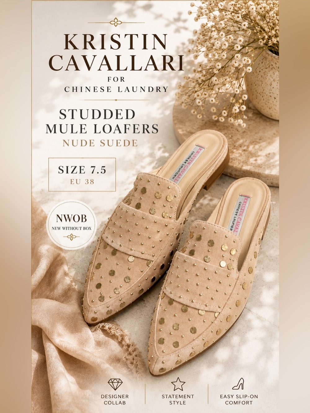 Kristin Cavallari for Chinese Laundry Studded Mule Loafers Nude Suede Size 7.5